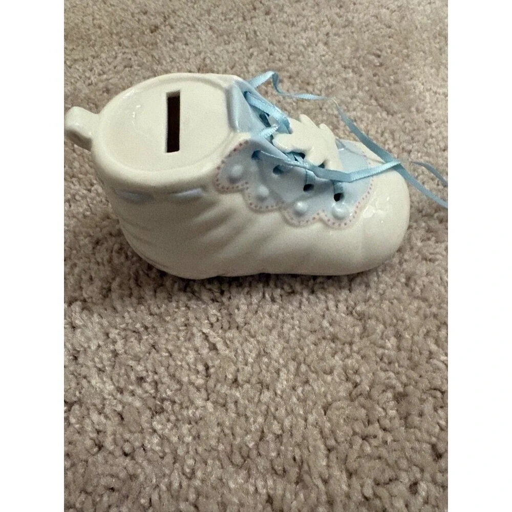 Ceramic Baby Shoe Coin‎ Bank NEW With Blue Lace Baptism Christening Birth Gift